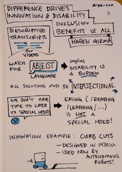 Sketchnotes from "difference drives innovation and disability inclusion benefits us all". My top takeaway: counter "we don't have time to cater to special needs" by focusing on the core human need. "Eating is not a special need!"